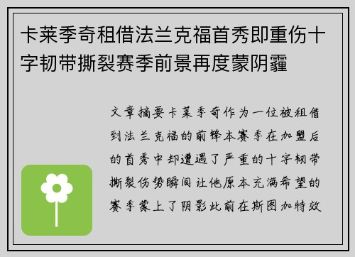 卡莱季奇租借法兰克福首秀即重伤十字韧带撕裂赛季前景再度蒙阴霾