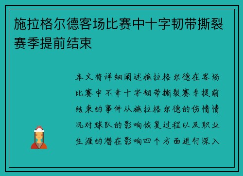 施拉格尔德客场比赛中十字韧带撕裂赛季提前结束