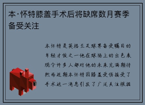 本·怀特膝盖手术后将缺席数月赛季备受关注
